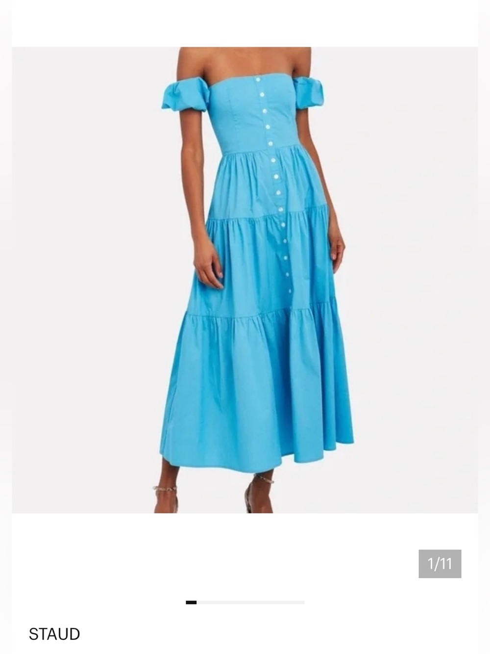 STAUD Off-Shoulder Tiered Midi Dress in Sky Blue